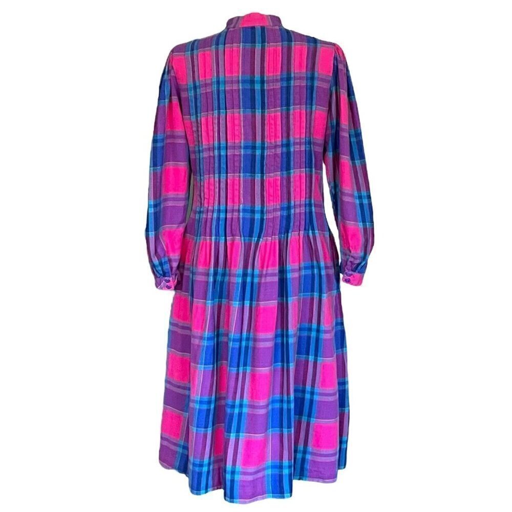 Matti Sport Vintage 1980s Cottagecore Midi Dress Flannel Plaid Puff Sleeve Sz 8 - Picture 8 of 10